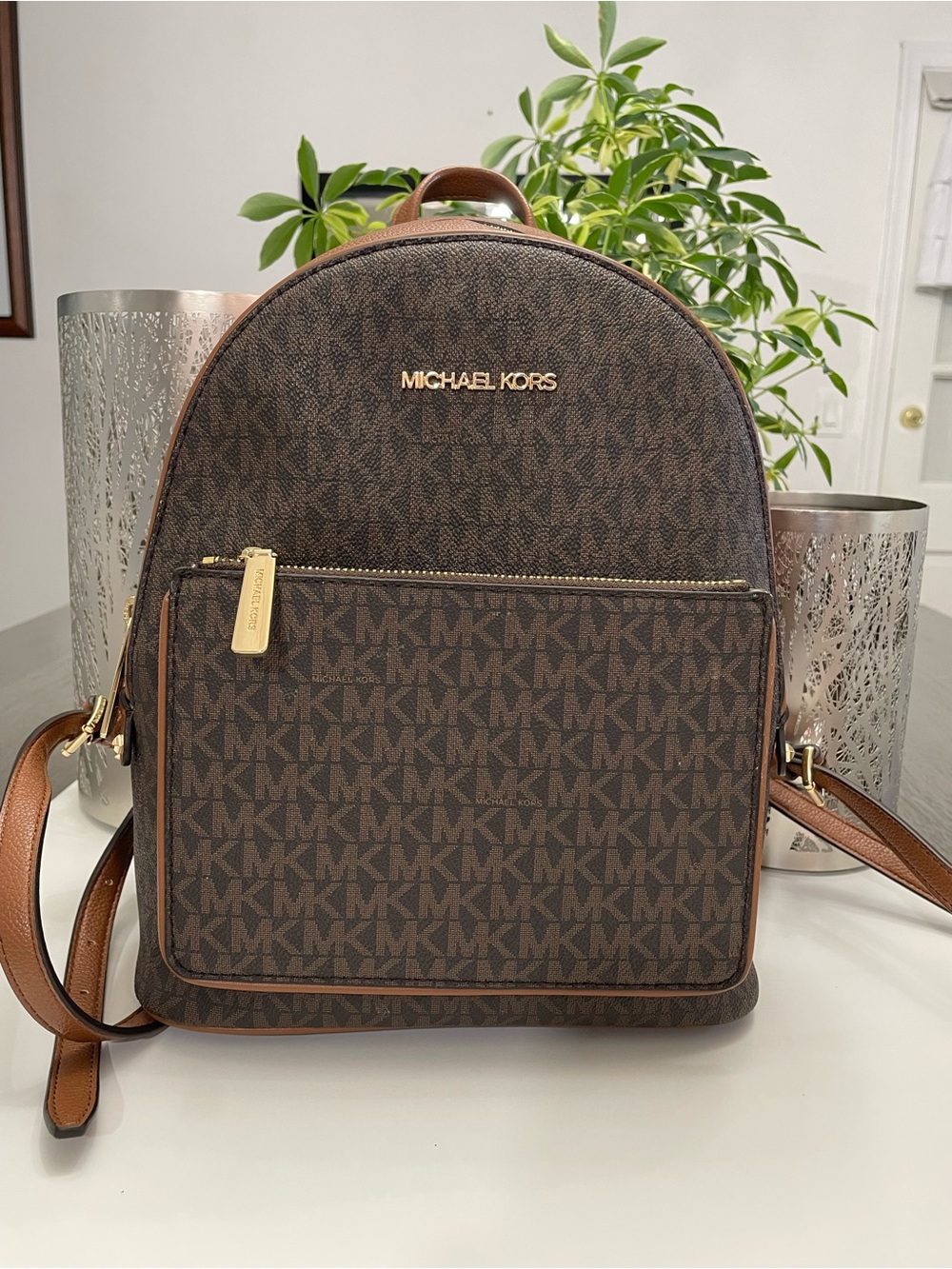 Michael Kors Brown/Black MK Signature Backpack with Gold Hardware